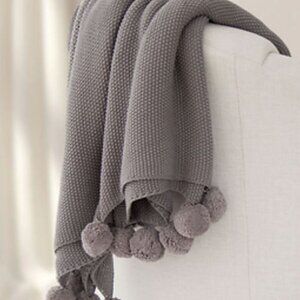 Grey Cotton Seedstitch Throw with Pompoms – 50" x 60" All-Season Blanket